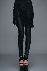 Black Rose Lace Mesh Outer Skirt Gothic Faux Leather Womens Pants